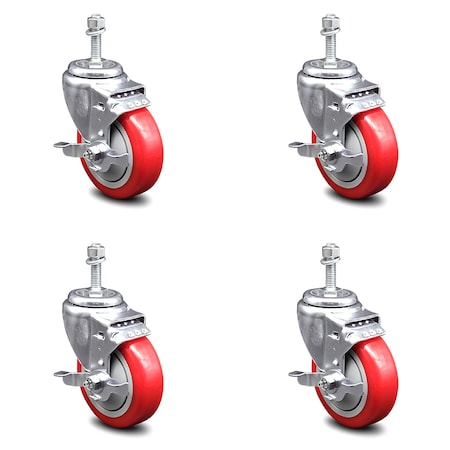 Service Caster 4 Inch Red Polyurethane Swivel 3/8 Inch Threaded Stem Caster Set with Brake SCC-TS20S414-PPUB-RED-TLB-381615-4